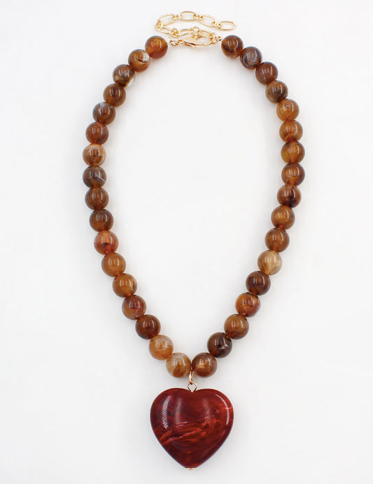 Brown Beaded with Red Tone Natural Stone Heart 16"-18" Necklace