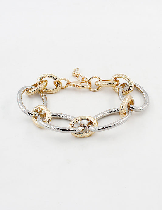 Gold and Silver Hammered Open Circle Chain Bracelet