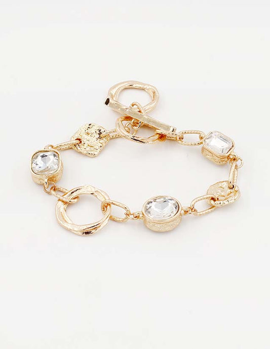 Gold Textured Open Circles with Clear Stone Bracelet