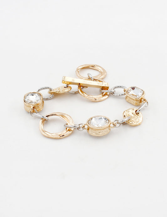 Gold and Silver Textured Open Circles with Clear Stone Bracelet