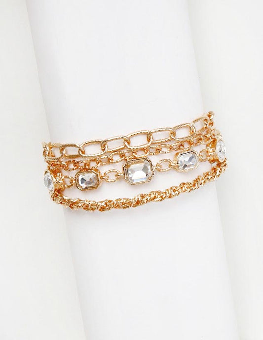 Gold Textured Layered Chain with Clear Crystal 7.5" Bracelet Set