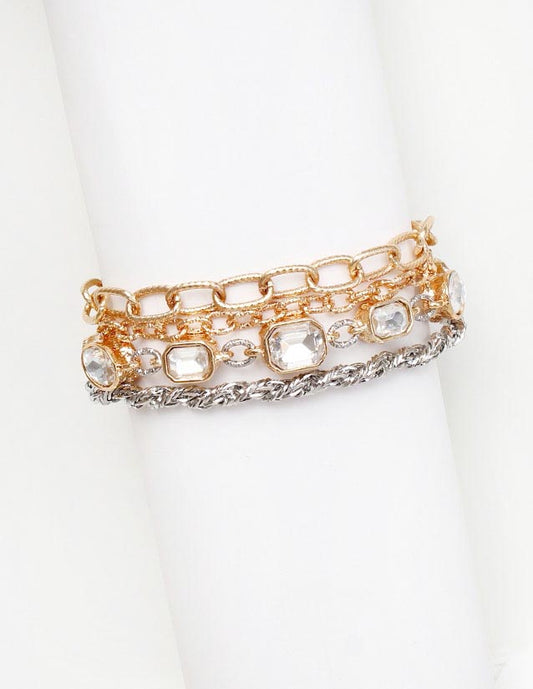 Gold and Silver Textured Layered Chain with Clear Crystal 7.5" Bracelet Set