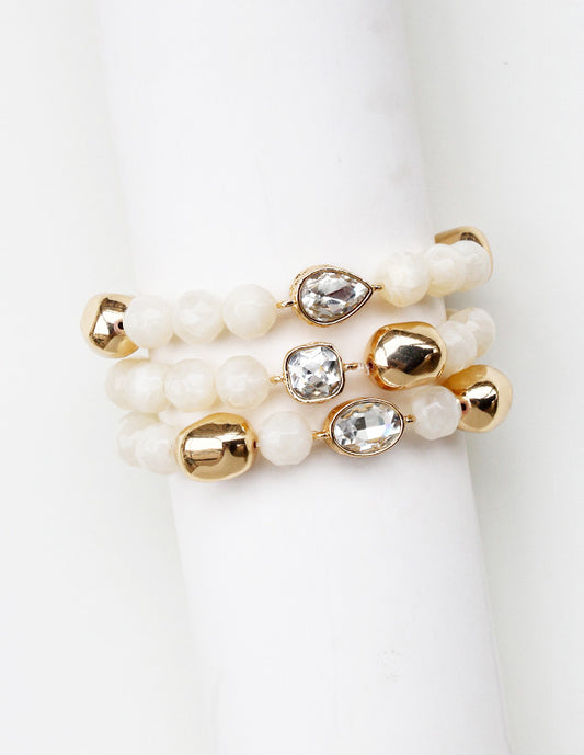 Natural Stone and Gold Set of 3 with Rhinestone Accent Stretch Bracelets