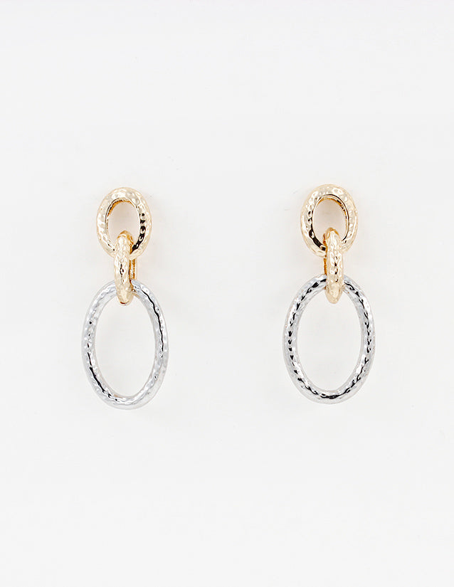 Gold and Silver Thick Textured Open Circle 2" Drop Earring