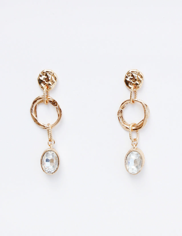 Gold Hammered Coin with Open Circle and Clear Rhinestone 2" Drop Earring