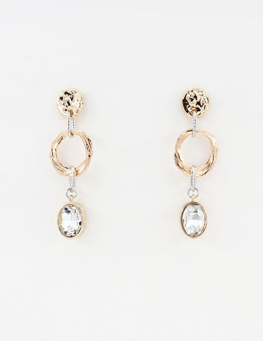 Gold Hammered Coin with Open Silver Circle and Clear Rhinestone 2" Drop Earring