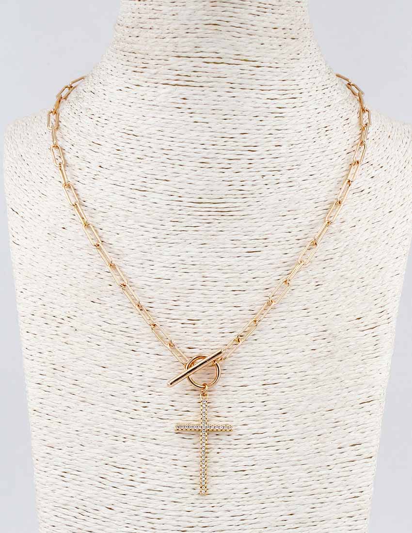 Gold Open Chain with Toggle and Rhinestone Cross 18" Necklace
