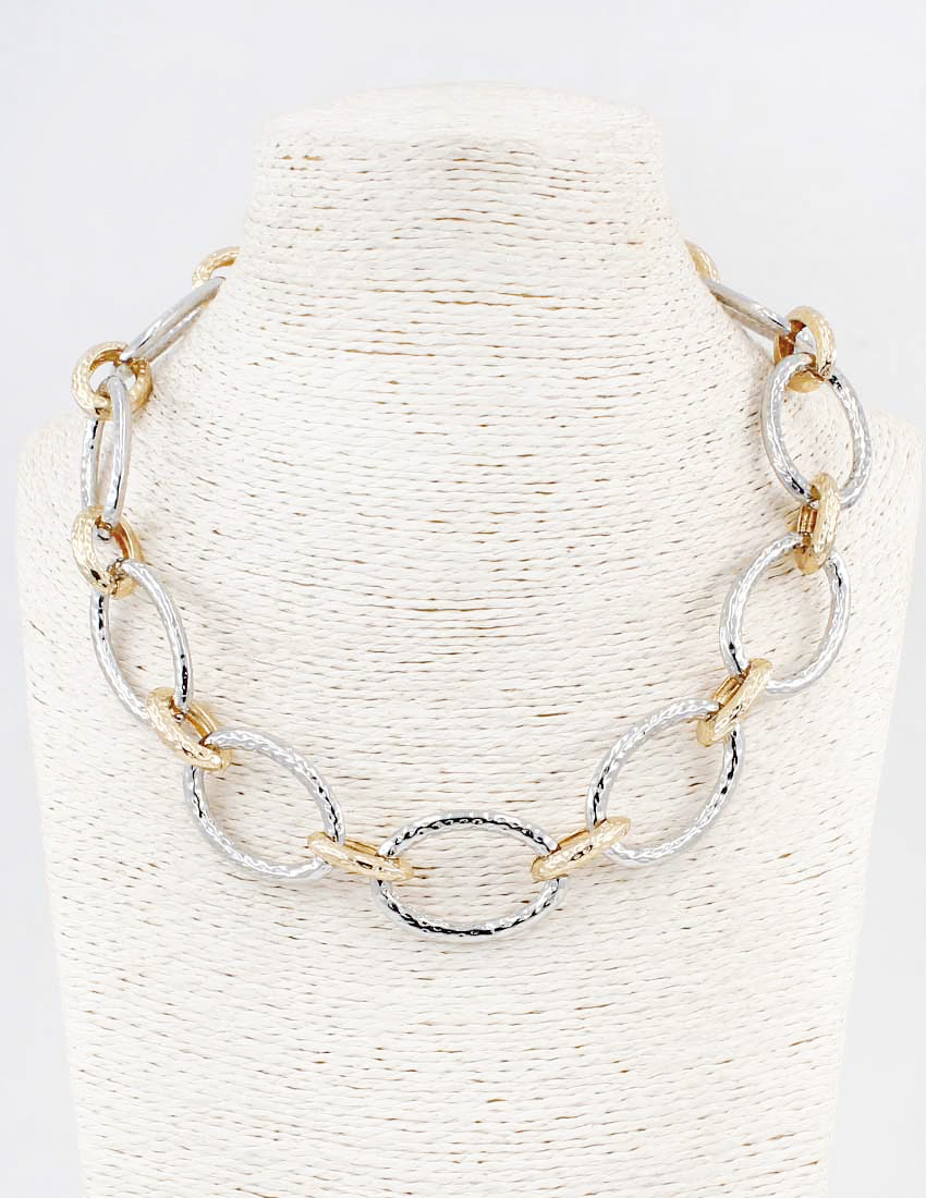 Gold and Silver Hammered Textured Open Circle Chunky 16"-18" Necklace