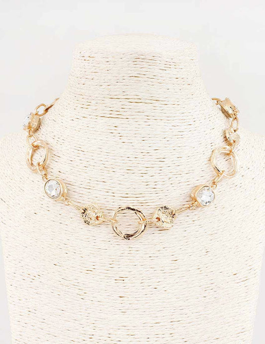 Gold Textured Necklace with Clear Stone 16"-18" Necklace