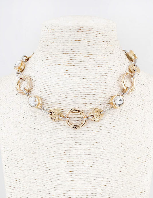 Gold and Silver Two Tone Textured Necklace with Clear Stone 16"-18" Necklace