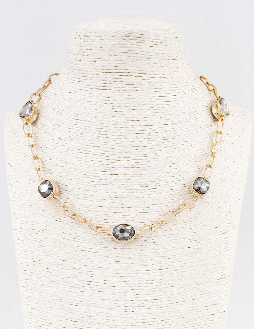 Gold Textured Chain with Teardrop Black Diamond Stone Accents 16"-18" Necklace