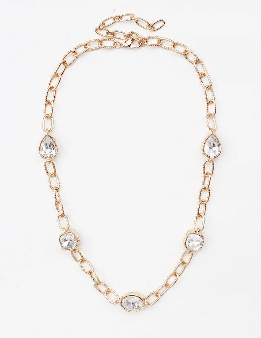 Gold Textured Chain with Teardrop Clear Stone Accents 16"-18" Necklace