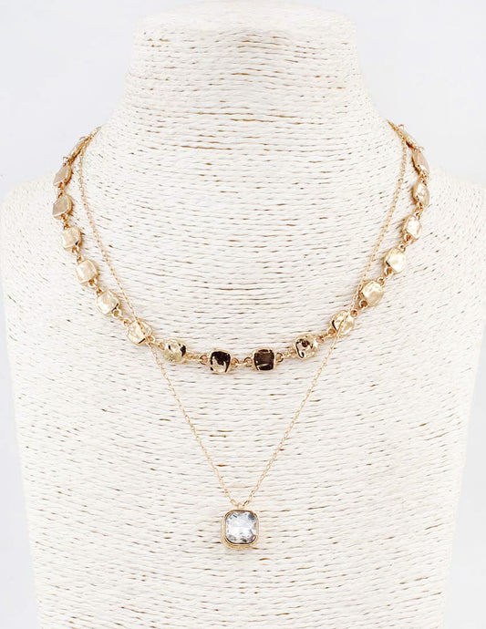 Two Layered  Hammered Square with Clear Crystal Drop 16"-18" Necklace