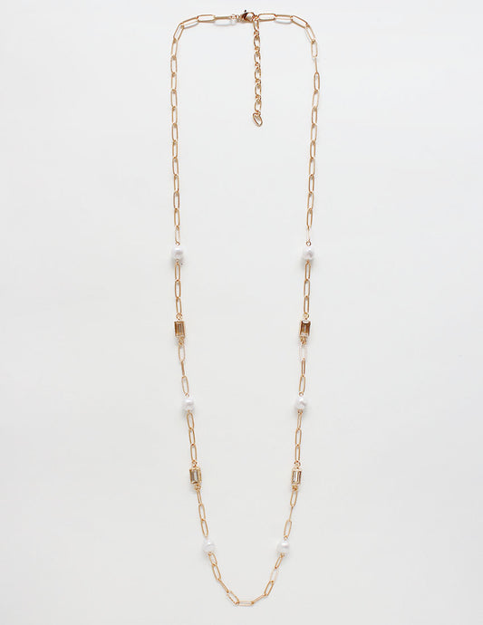 Gold Textured Chain with Clear Crystal and Pearl 32" Necklace