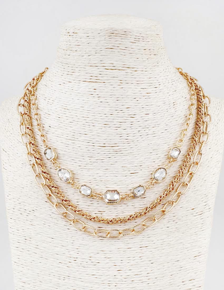 Gold Textured Layered Chain with Clear Crystal 16"-18" Necklace