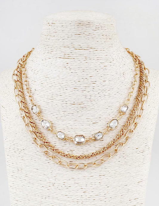 Gold Textured Layered Chain with Clear Crystal 16"-18" Necklace