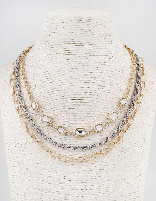 Gold and Silver Textured with Clear Crystal 16"-18" Necklace