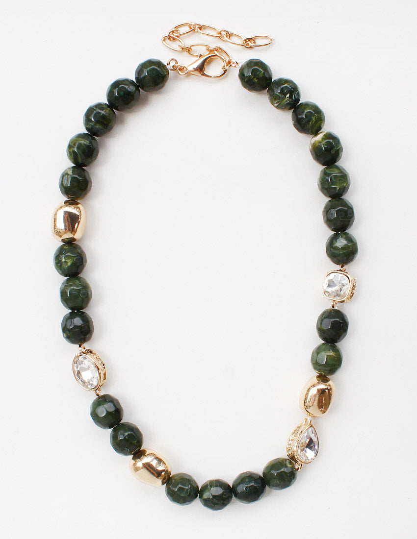 Green, Cream, and Gold Natural Stone 8mm Beaded  16"-18" Necklace