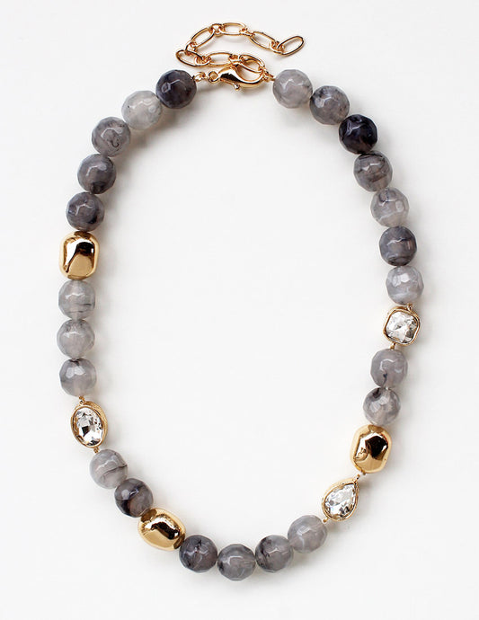 Grey Stone and Gold with Rhinestone Accent 16"-18" Necklace