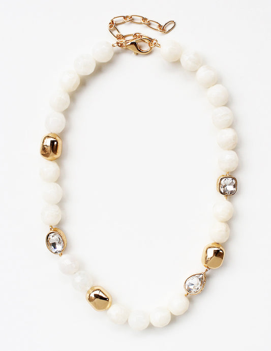 Cream Stone and Gold with Rhinestone Accent 16"-18" Necklace