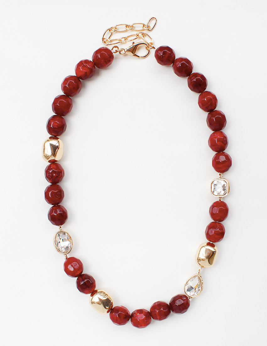Maroon, Cream, and Gold Natural Stone 8mm Beaded  16"-18" Necklace