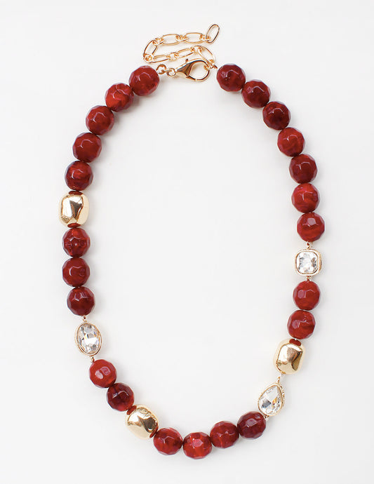 Maroon, Cream, and Gold Natural Stone 8mm Beaded  16"-18" Necklace