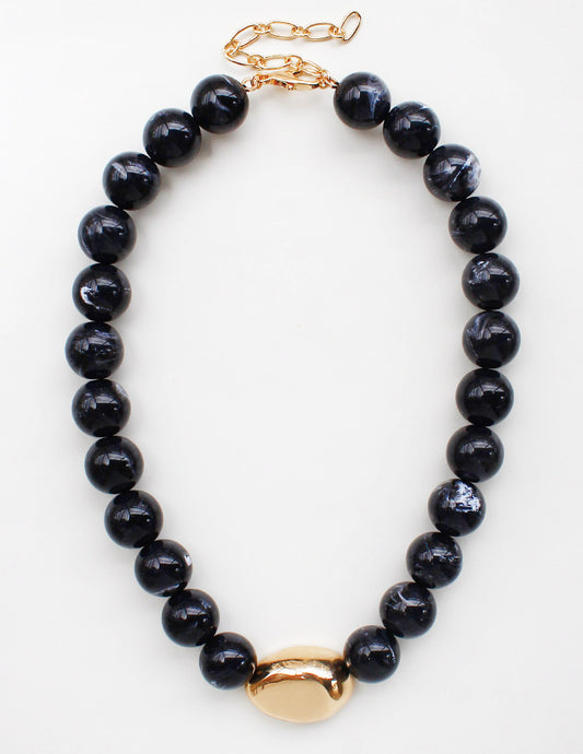 Black Natural Stone with Gold Hammered Accent 8mm Beaded 16"-18" Necklace