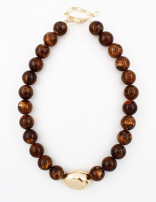 Jasper Brown Beaded with Gold Flat Beaded Accent 16"-18" Necklace