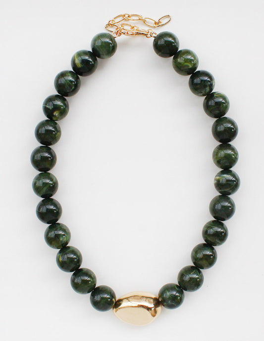Green Natural Stone with Gold Hammered Accent 8mm Beaded 16"-18" Necklace