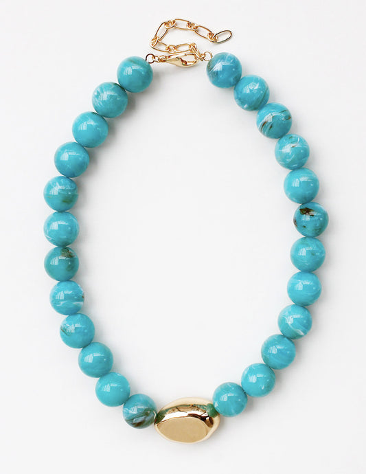 Turquoise Beaded with Gold Flat Beaded Accent 16"-18" Necklace