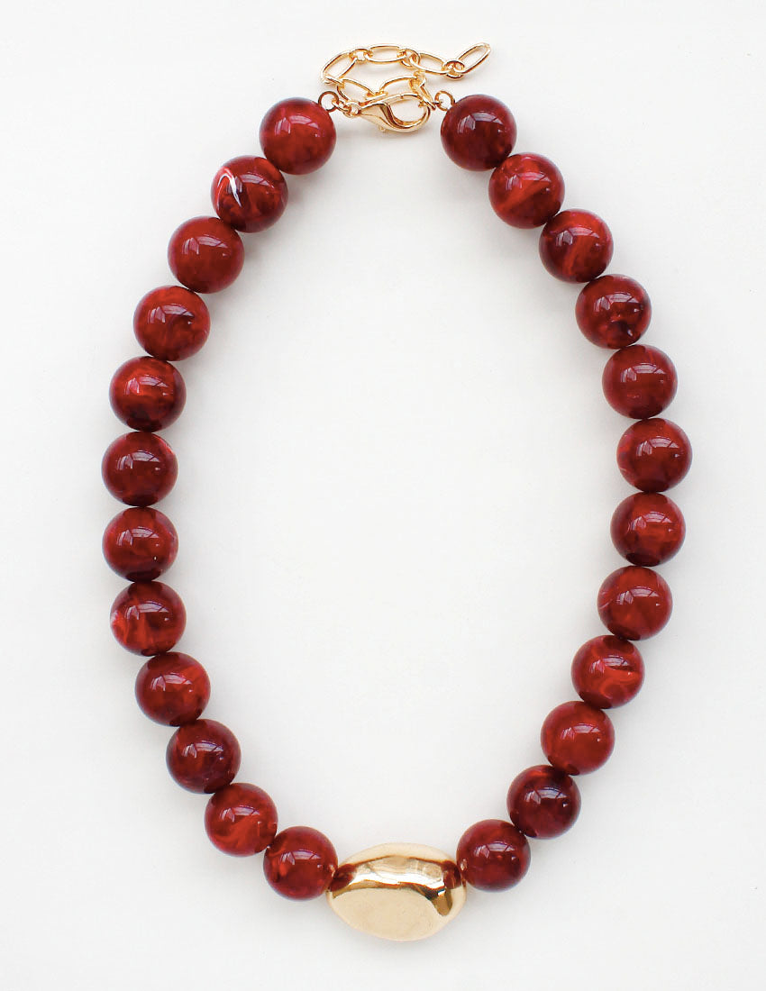 Maroon Natural Stone with Gold Hammered Accent 8mm Beaded 16"-18" Necklace