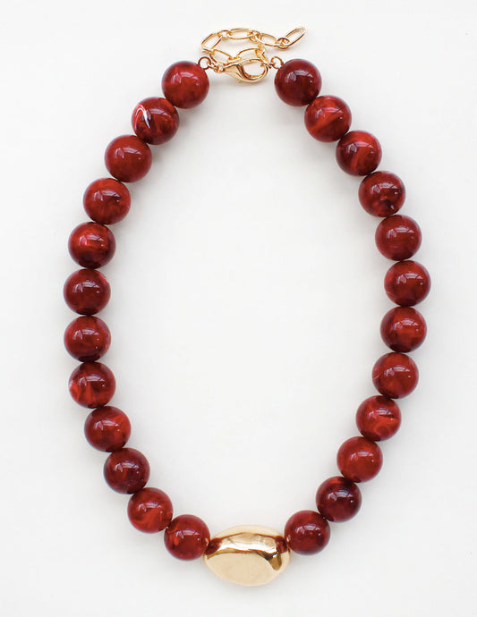 Maroon Natural Stone with Gold Hammered Accent 8mm Beaded 16"-18" Necklace