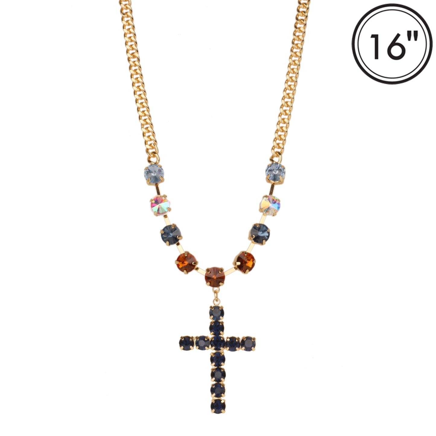 Dark Multi Crystal with Gold Chain and Rhinestone Cross 16"-18" Necklace