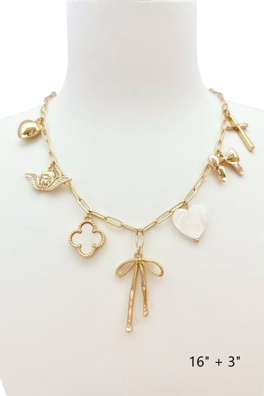 Gold Chain with Clover, Heart, Bow, Cross Charm 16"-18" Necklace