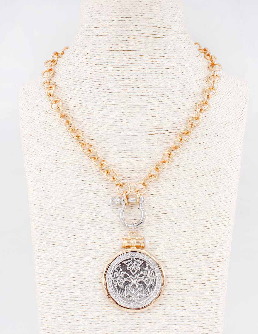 Gold Chain with Open Circle and Large Silver Charm 16"-18" Necklace