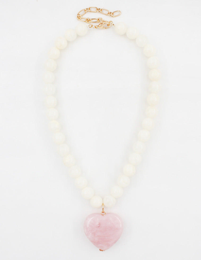 White Stone Circle with Pink Natural Stone Heart Charm 16"-18" Necklace