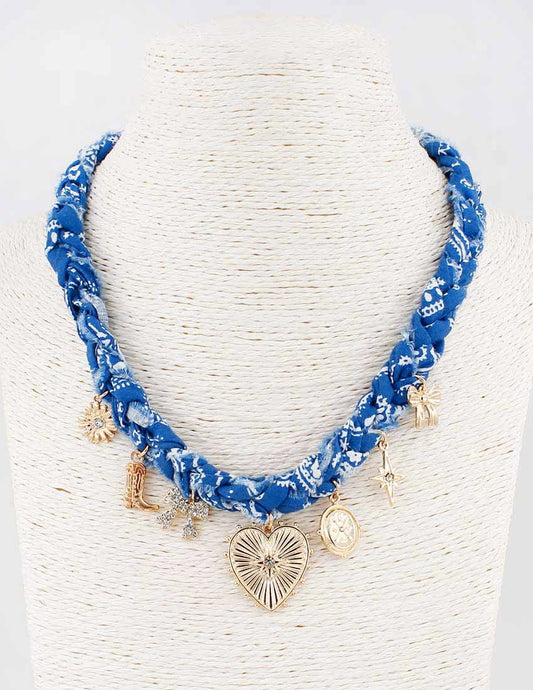 Blue Braided Scarf Necklace with Heart, Bow, and Boot Charms