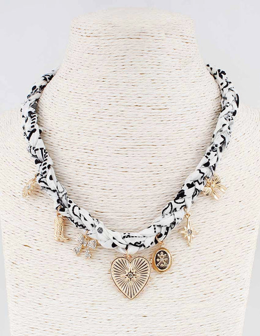 White and Black Braided Scarf Necklace with Heart, Bow, and Boot Charms