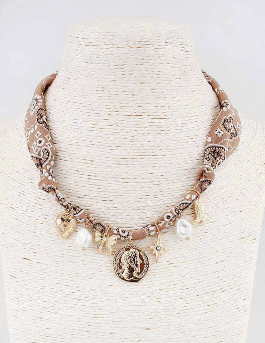Brown Knotted Scarf Necklace with Coin, Bow, and Pearl Charms