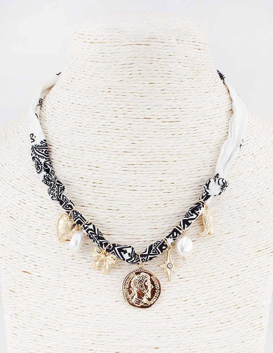 White and Black Knotted Scarf Necklace with Coin, Bow, and Pearl Charms