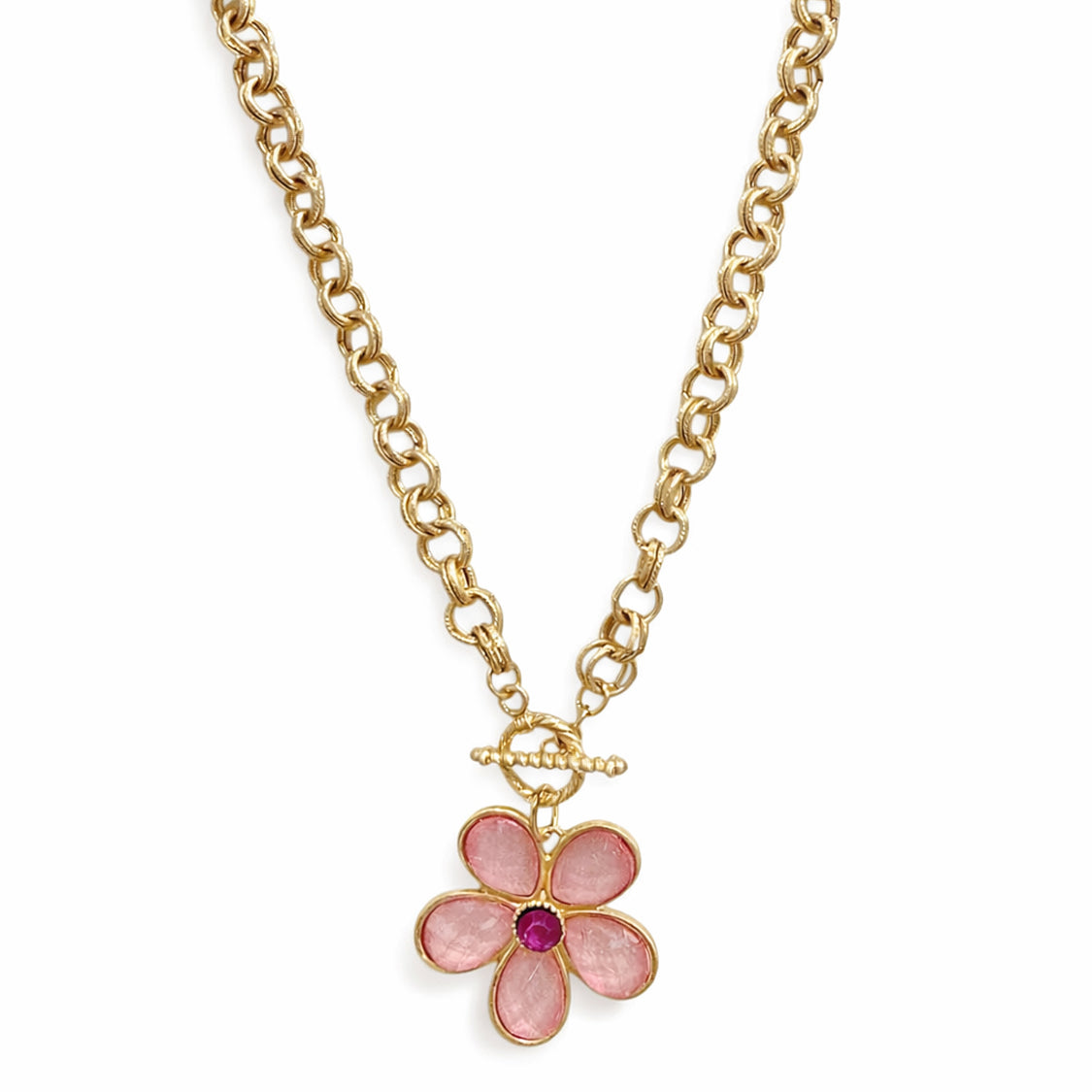 Worn Gold Open Circle with Pink Acrylic and Gold Flower Pendant 18" Necklace