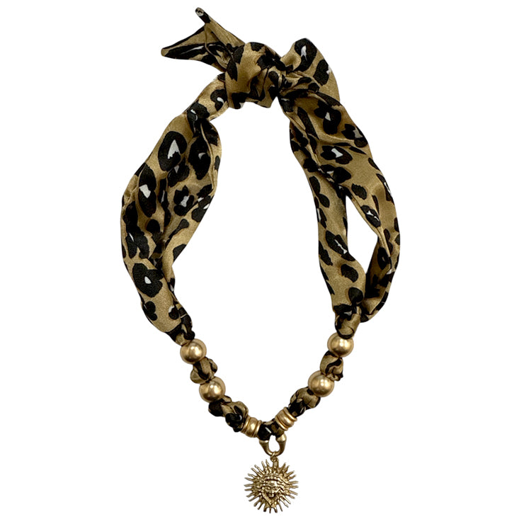 Cheetah Print Scarf Necklace with Gold Sunburst Charm