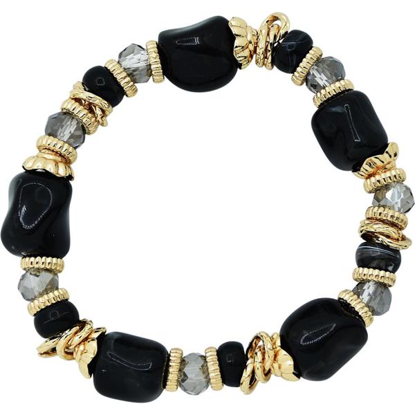 Black Natural Stone with Crystal and Gold Bars Stretch Bracelet
