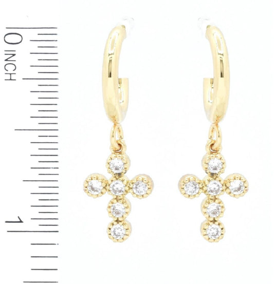 Gold with Crystal Studded Cross Huggie Hoop Earring