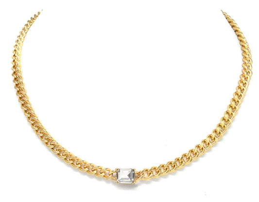 Gold Tight Link Chain with Clear Square Crystal 16"-18" Necklace