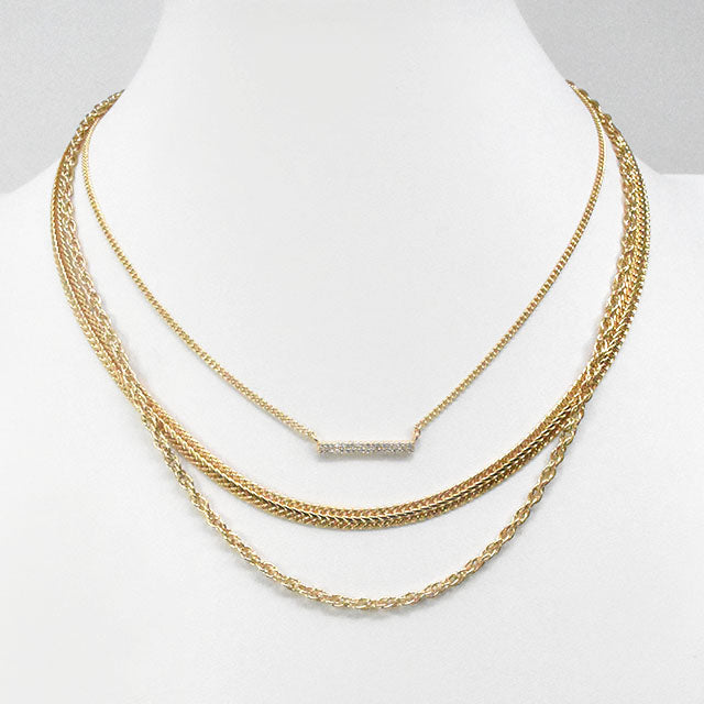 Triple Layered Snake Chain with Rhinestone Bar 16"-19" Necklace