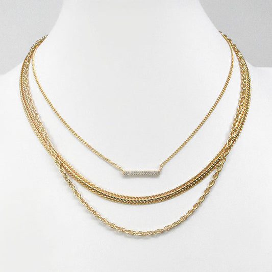 Triple Layered Snake Chain with Rhinestone Bar 16"-19" Necklace