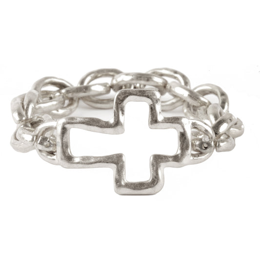 Worn  Silver Linked Stretch Bracelet with Cross