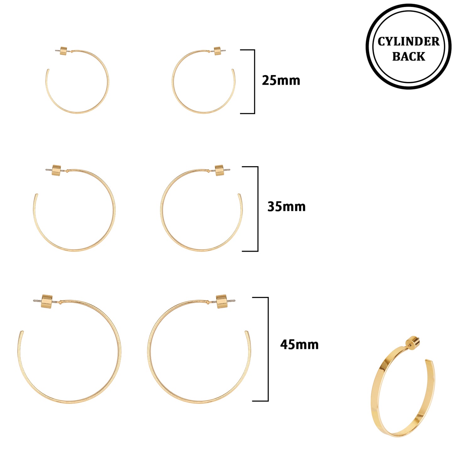 Gold Thin Hoop Set of 3 .75", 1", and 1.5" Earrings
