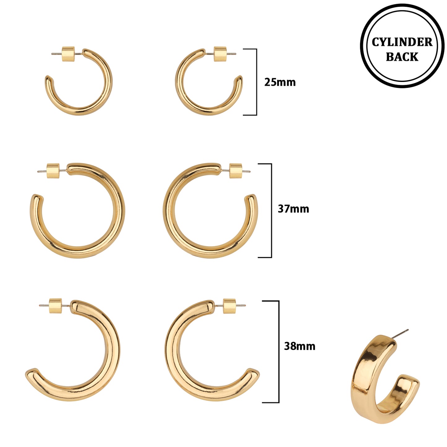Set of 3 Shiny Gold .75", 1", 1.25" Hoop Earring